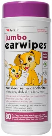 Petkin Jumbo Pet Ear Wipes, 80 Extra Moist Wipes - Soothing & Deodorizing Pet Ear Cleaner to Remove Dirt, Odor, & Wax - Safe, Convenient, & Easy to Use Pet Wipes for Dogs, Cats, Puppies & Kittens