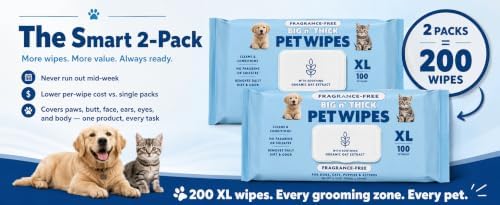 Dog Wipes for Paws and Butt, XL 2-Pack 200 Count, Fragrance Free