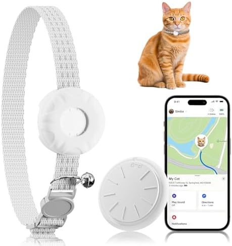 Cat Tracker,GPS Tracker, Compatible with Apple Find My App(Only iOS),Cat Tracker Collar with Bell and Safety Elastic Buckle,No Monthly Fee,Territory & Location History,Smart Alerts,White