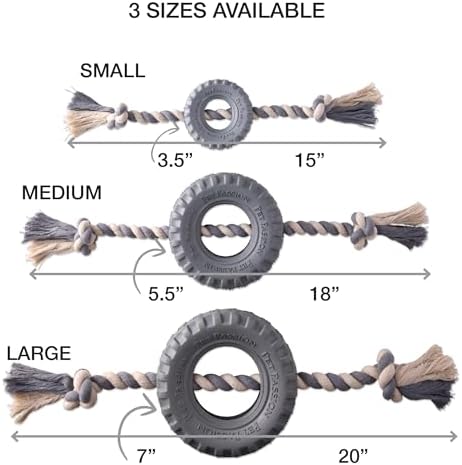 Pet Passion Natural Rubber Tire and Organic Cotton Rope Pull and Chew Dog Toy for All Pet Breeds, Gray, Medium
