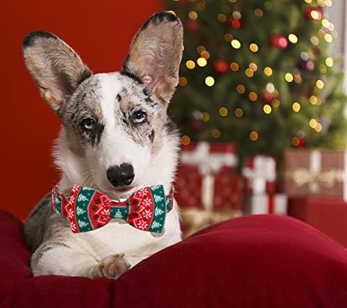 DOGWONG Christmas Dog Collar with Bow tie, Red Green Strip Snowflake Dog Collar Soft Durable Adjustable Cotton Puppy Collar for Small Medium Large Dog