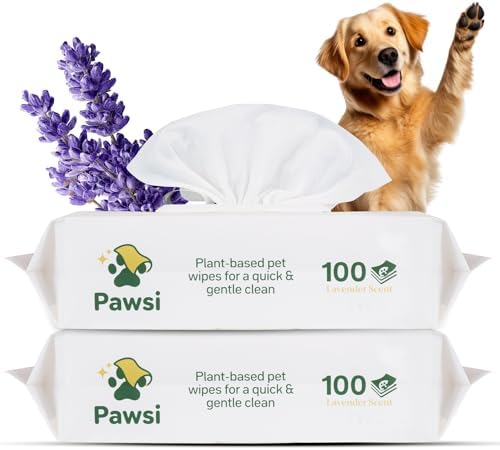 Pawsi Pet Wipes for Dogs and Cats, Hypoallergenic Grooming Wipes for Paws, Body and Butt, Cleaning and Hydrating, Lavender Scented, 2 Pack (100 Wipes Each, 200 Total)
