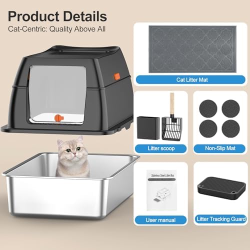 Lobeve Extra Large Stainless Steel Litter Box with Lid, Easy-Clean Pan