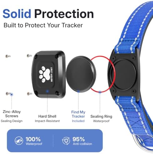 GPS Dog Collar with Tracker, Waterproof, No Monthly Fee, Blue, XS | Works with Apple Find My, iOS Only, MFi Certified, No SIM Card, for Small Dogs, Reflective Padded Nylon, Neck 10.5-13.5 in
