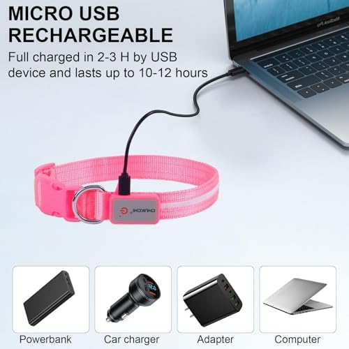 CHUKCHI LED Dog Collar Rechargeable,Waterproof Flashing Collar,Light Up Glow Collar, Adjustable Soft Safety Light Up for Small Medium Large Dogs Walking Camping at Night (Pink-M)