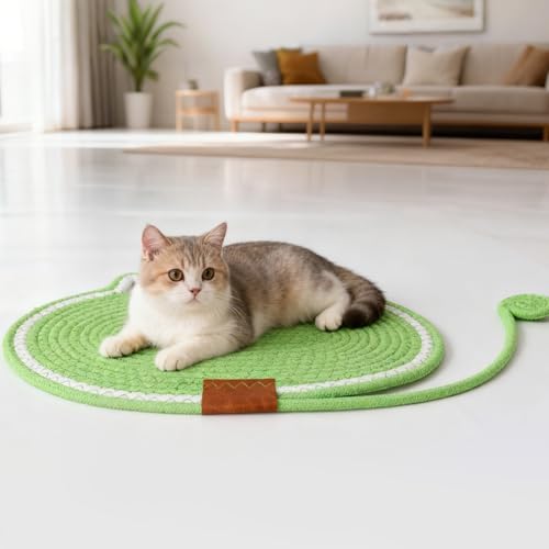 Cat Scratcher Mat Natural Cotton Rope Oval Horizontal Floor Cat Scratch Bed Pad with Ball Toy Protector for Furniture Floor Wall (White, 2 PC)