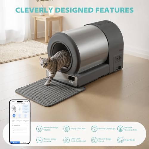 Stainless Steel Self-Cleaning Cat Litter Box, Smart APP Control Automatic Litter Box with Safety Sensors, Odor Control, Low-Entry, Large Capacity Design for Multiple Cats (Grey)