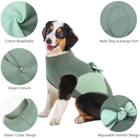 SAWMONG Recovery Suit for Dogs, Cotton Dog Surgery Suit Female Spay Pet Male Breathable, Zipper Neuter Onesie Bodysuit Prevent Licking Wounds, Substitute E-Collar & Cone(Green, Large)