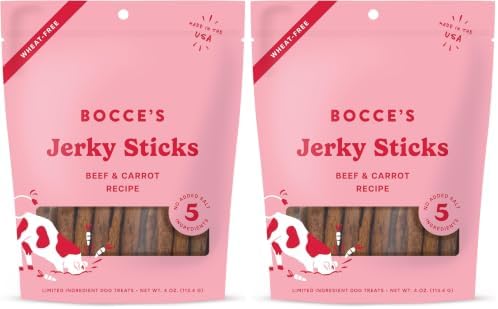 Bocce's Bakery Jerky Stick Dog Treats,Wheat-Free,Made with Limited-Ingredients,Baked in The USA with No Added Salt or Sugar,All-Naural & High-Protein,Beef & Carrot Recipe,4 oz,(Pack of 2)