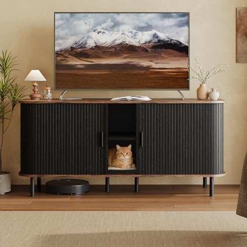 58'' Double Cat Litter Box Enclosure with Sliding Door, Black