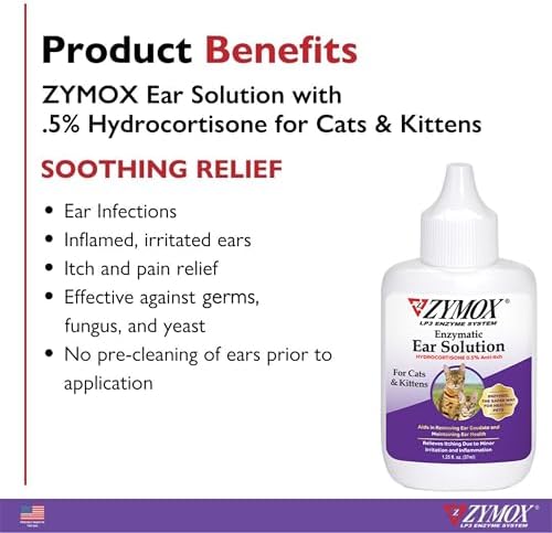 Zymox Enzymatic Ear Solution with 0.5% Hydrocortisone for Cats & Kittens, 1.25 oz. – Cleans & Refreshes Ear Canal for Relief from Wax, Dirt Buildup, Itchiness, Irritation, Inflammation & Redness
