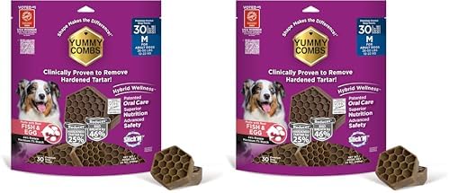 Yummy Combs Dog Dental Treats – Fish & Egg Protein – Vet VOHC Approved, Removes Tartar – A Daily Teeth Cleaning Treat for Medium Dogs (30 Count) (Pack of 2)