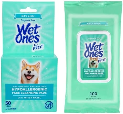 Wet Ones for Pets Hypoallergenic Face Cleansing Pads, Fragrance-Free, 3.2 in Round, 50 ct + Hypoallergenic Dog Wipes with Vitamins A, C & E, Fragrance-Free, 100 ct Pouch Bundle
