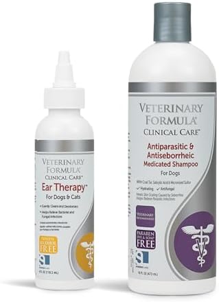 Veterinary Formula Clinical Care Ear Therapy for Dogs & Cats and Antiparasitic & Antiseborrheic Medicated Dog Shampoo Bundle
