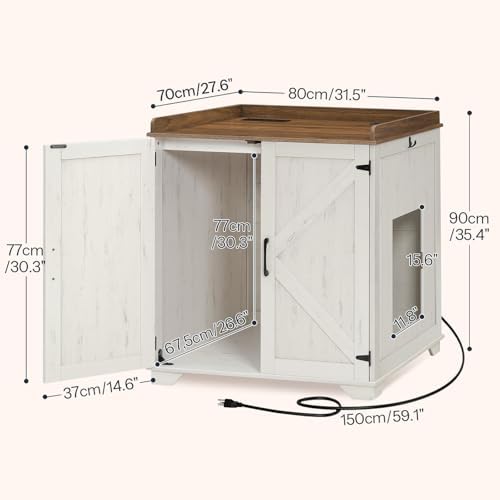HOOBRO Automatic Litter Box Furniture for Large Capacity, Large Robotic Litter Box Cabinet with Charging Station and Hooks, Cat Litter Box Enclosure with Storage Top, White and Walnut WH89UMW01N2
