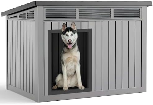 Vixzen Dog House Indoor Outdoor,Waterproof Dog House for Small to Large Dogs,Doghouse with Air Vents and Elevated Floor,Openable at the Top,Easy to Assemble and Clean,Gray,42.87"×32.95"×31.61"