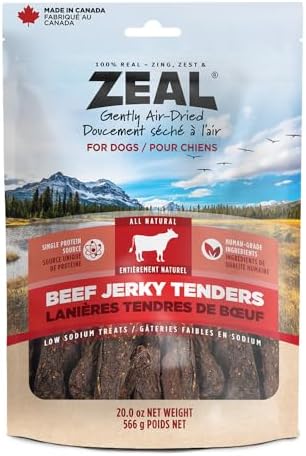 ZEAL Natural Beef Jerky Tenders for Dogs, 100% Real Canadian Beef, High Protein 24%, Soft Training Treats, Air-Dried, Grain Free, Made in Canada, 20oz