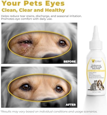 Dog and Cat Eye Care Solution for Dogs & Cats – Vet Recommended Eye Cleaner, Helps Remove Eye Discharge & Tear Stains, Supports Eye Hygiene, Gentle Daily Use Eye Wash - 3.38 Oz 100 Ml