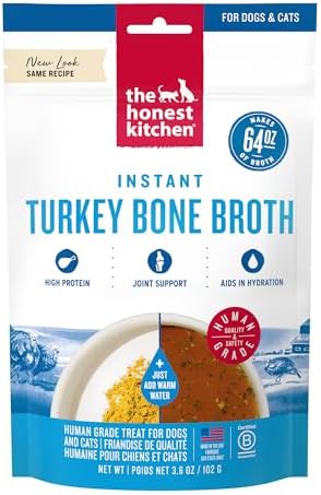 The Honest Kitchen Instant Turkey Bone Broth for Dogs & Cats with Turmeric, Human Grade Pet Food, Hydration Supplement, Digestive & Joint Support, Meal Topper, Treat or Enrichment, 3.6 oz Makes 64 oz