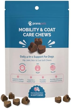 PranaPets Mobility & Coat Care Chews for Dogs & Puppies | Joint Supplement | Skin & Coat Health | Beef & Bacon Flavor