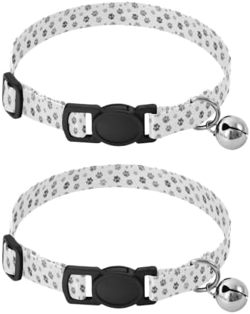 Gray Animal Paw Prints White Puppy Collar with Bell 2 Pack Dog Collar Adjustable 10.6 to 17.1 Inches