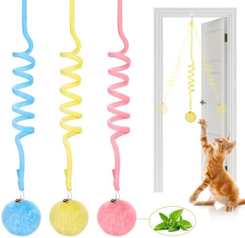 Potaroma Hanging Fluffy Cat Catnip Ball Toys 3 Pcs with Bell, Interactive Cat Teaser Retractable Toys Indoor Kitten Play Chase Exercise Physical Stimulation