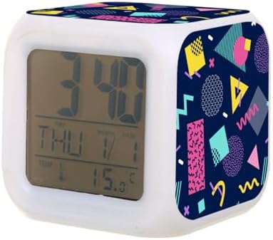 Digital Alarm Clock,Abstract 80S Retro Geometric Shape 7 Color Change LED Digital Alarm Clock with Date Thermometer for Toddlers,Girls and Boys