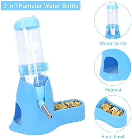 Wontee 3 in 1 Hamster Water Bottle with Food Bowl Hideout Base, 125ML, Blue