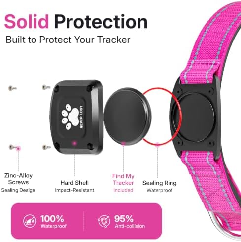 GPS Dog Collar with Tracker, Waterproof, No Monthly Fee, Hot Pink, XS | Works with Apple Find My, iOS Only, MFi Certified, No SIM Card, for Small Dogs, Reflective Padded Nylon, Neck 10.5-13.5 in