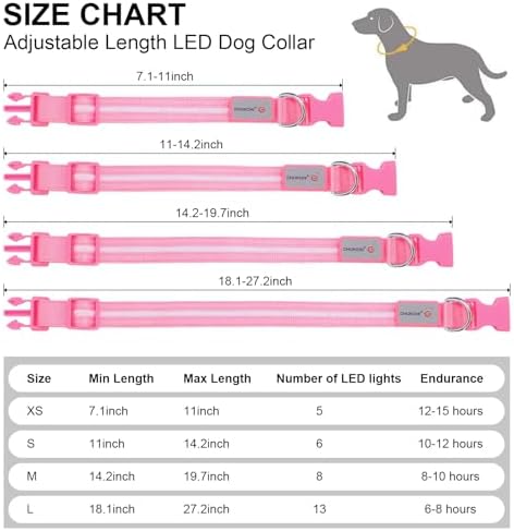CHUKCHI LED Dog Collar Rechargeable,Waterproof Flashing Collar,Light Up Glow Collar, Adjustable Soft Safety Light Up for Small Medium Large Dogs Walking Camping at Night (Pink-L)