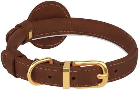 OOPSDOGGY Rolled Leather Dog Collar with Airtag Holder - Reflective Round Airtag Dog Collar - Soft Tracking Pet Collar for Small Dogs Puppy Cats Kitten (Brown, XS, 8"-11")
