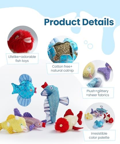 Nocciola Catnip Toys, 5 Pack Cat Toys for Indoor Cats with 100% Natural Catnip, Cotton-Free Kitten Toys in Assorted Colors, Soft Surface, Teething, Chewing & Kicker Floppy Fish Cat Toys
