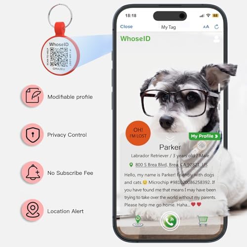 QR Code Cat Tag, Modifiable Pet Online Profile, Multiple Emergency Contact, Scannable QR Code, Instant Location Email Alert, Collar Accessories (Medium to Large Breeds - 1.25", Red)