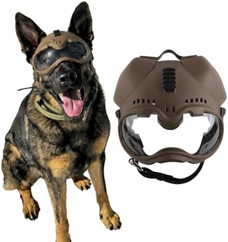 Tactical K9 Helmet - Adjustable Dog Helmet with Removable Ear Guards, 2 Lenses, Picatinny Rail & EVA Pads for German Shepherd and Medium Breed Working Dogs(Brown)