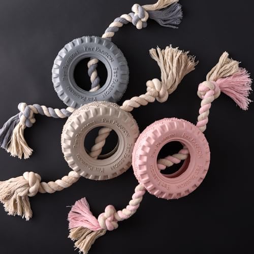 Pet Passion Natural Rubber Tire and Organic Cotton Rope Pull and Chew Dog Toy for All Pet Breeds, Almond Milk, Small