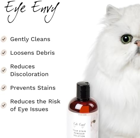 Eye Envy Tear Stain Remover Solution for Cats. Gentle, Natural and Safe. Cleans Tear Stains. Recommended by Breeders, Groomers. Remove Eye Stains from Persians and Exotics. 8 oz. Made in USA