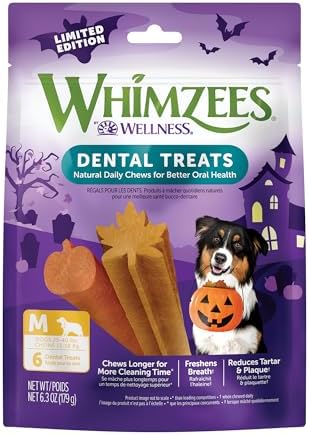 Wellness WHIMZEES Fall Natural Dog Dental Treat, Autumn Halloween Seasonal Gift, Chews, Freshens Breath, Medium Size, 6.3 oz Bag, 6 Count