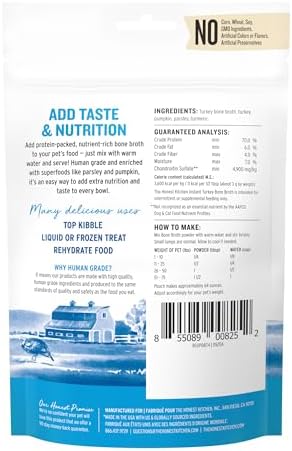The Honest Kitchen Instant Turkey Bone Broth for Dogs & Cats with Turmeric, Human Grade Pet Food, Hydration Supplement, Digestive & Joint Support, Meal Topper, Treat or Enrichment, 3.6 oz Makes 64 oz