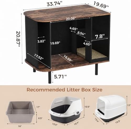 Cat Litter Box Enclosure, Kitty Hidden Litter Box Furniture with Scratch Pad, Modern Indoor Cat House, Sliding Door, Adjustable Shelf for Dog Proof, Black