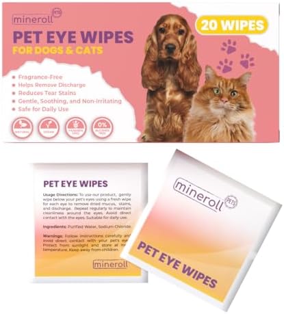 Pet Eye Wipes for Dogs & Cats - Individually Wrapped, Gentle Tear Stain Remover, Fragrance-Free, Alcohol-Free, Vegan, Soft Non-Woven Fabric - 20 Count