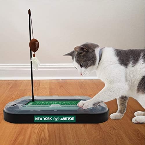 Cat Scratching Pets First NFL New York Jets Football Field CAT Scratcher Toy with Catnip Filled Plush Football Toy & Feather Cat Toy Hanging & Jingle Bell Interactive Ball Cat Chasing 5-in-1 Kitty Toy