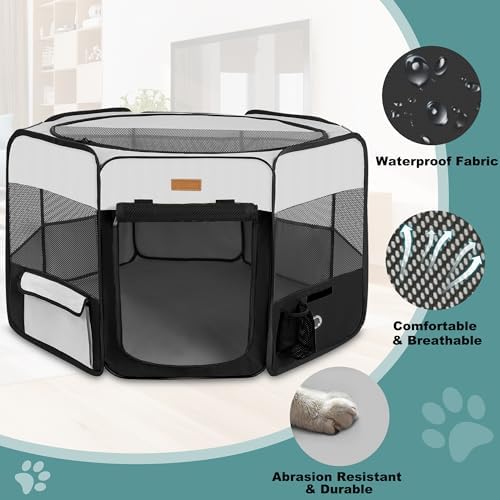 Akinerri Portable Dog Playpen, Foldable Pet Play Pen for Puppy Cat, Black
