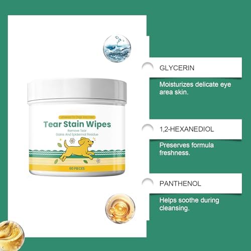 Tear Wipes for Dogs, 60-Piece Debris and Eye Cleaning Pads, Cat Tear Stain Wipes, Safe for Small, Medium, Large Breeds, Puppies & Kittens, Gentle on Skin and Coat, Travel, Home, Indoor