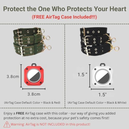 Tactical Heavy Duty Nylon Dog Collar for Large & Medium Dogs - Includes AirTag Compatible Case - Double-Lock Buckle & Reinforced D-Ring (Green, Large: Width = 2"; Neck = 16" - 22")