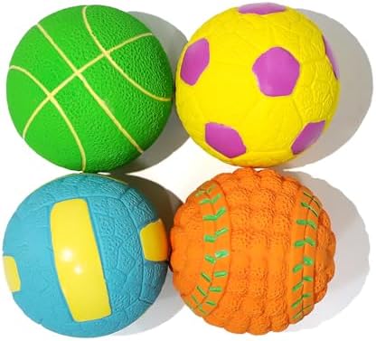 Squeaky Dog Balls, Interactive Funny Puppy Chew Toys for Fetch Play to Keep Them Busy, Latex Rubber Pet Tennis Soccer Ball Toy Bundle (4 Pack) for Puppies Small Breed Dogs
