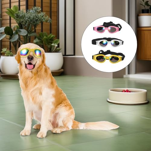 3pcs Foldable Dog Goggles for Medium Breeds with Comfortable Fit and Adjustable Strap, Plastic Dog Sunglasses for Outdoor Walks and Riding, Windproof Protective Pet Glasses