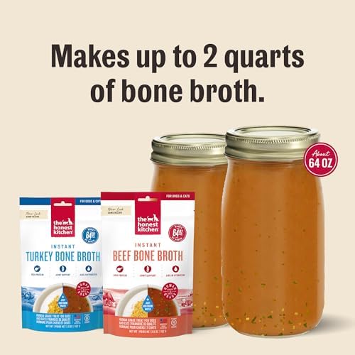 The Honest Kitchen Instant Turkey Bone Broth for Dogs & Cats with Turmeric, Human Grade Pet Food, Hydration Supplement, Digestive & Joint Support, Meal Topper, Treat or Enrichment, 3.6 oz Makes 64 oz