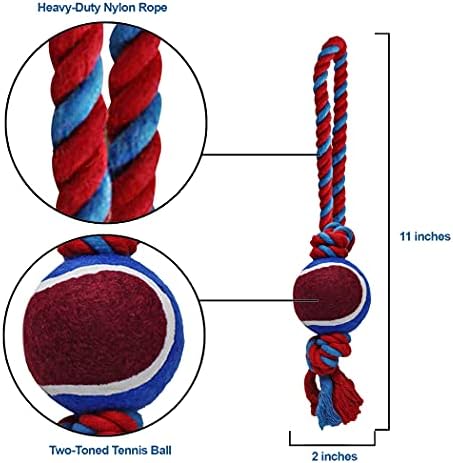 Dog Rope Toy with Tennis Ball (11”) – 1-Pack Red