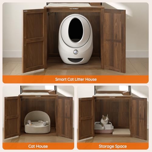 HOOBRO Cat Automatic Litter Box Enclosure Furniture, 30.5" L x 26.8" W x 61" H, Hidden Robotic Litter Box Cabinet, Dog-Proof Shelf with Charging Station, Scratching Mat, Bowls, Walnut WL68UMZ03N1