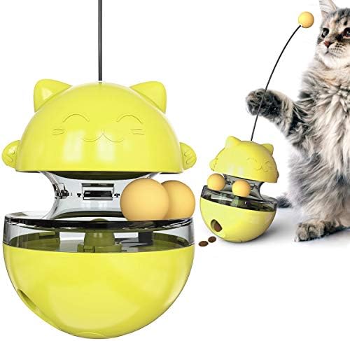 CYBERNOVA Interactive Wobble Cat Toy with a Teaser Wand, Built -in Treat Dispenser/Pet Puzzle Toy/Slow Feeder for Cats and Kitten (Yellow)